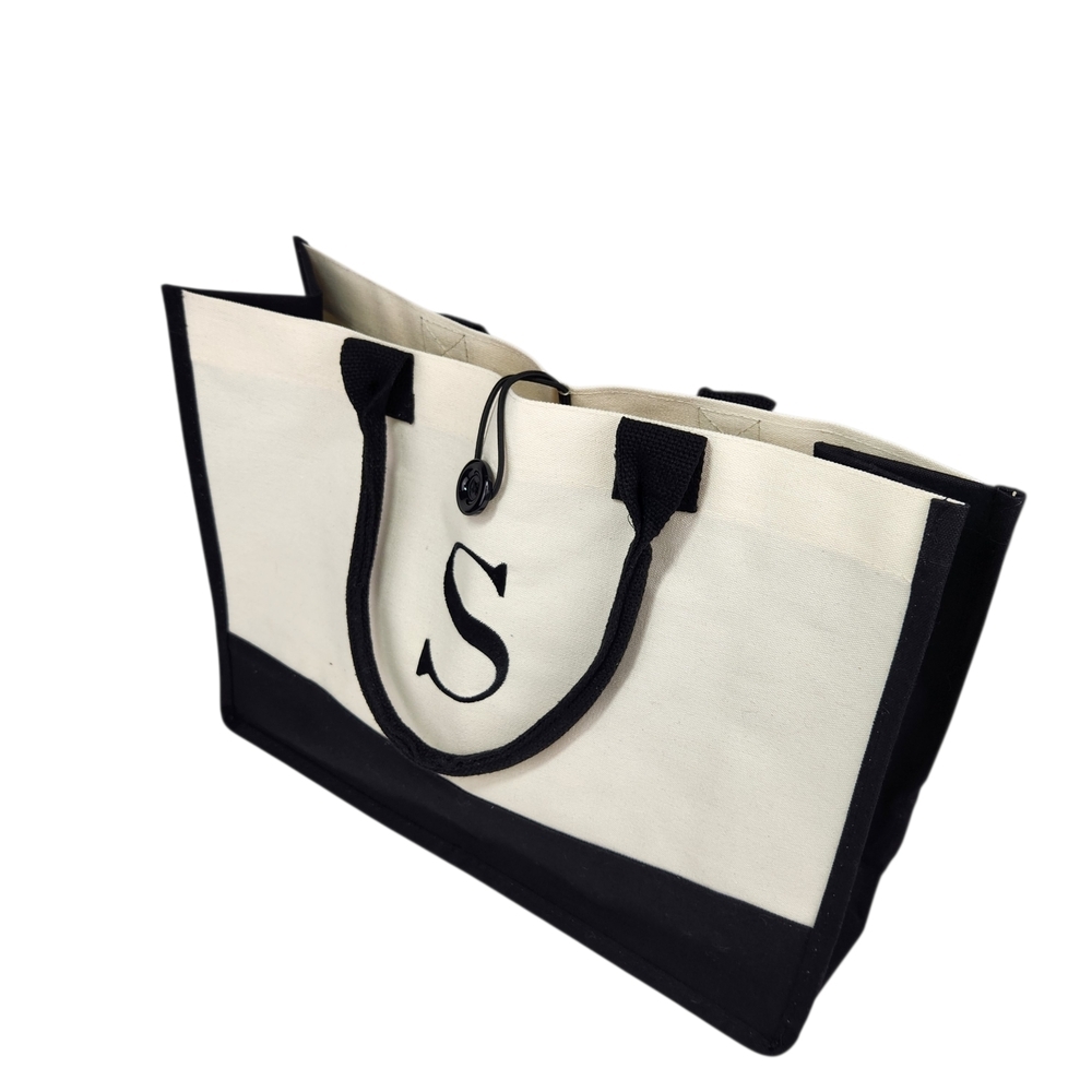Canvas Monogram “S” Tote Bag Black Cream Cotton Large Shopper Shoulder Bag NWOT - Picture 2 of 12
